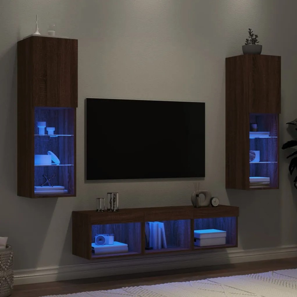 Mobili TV a Muro con LED 5pz Rovere Marrone Legno Multistrato