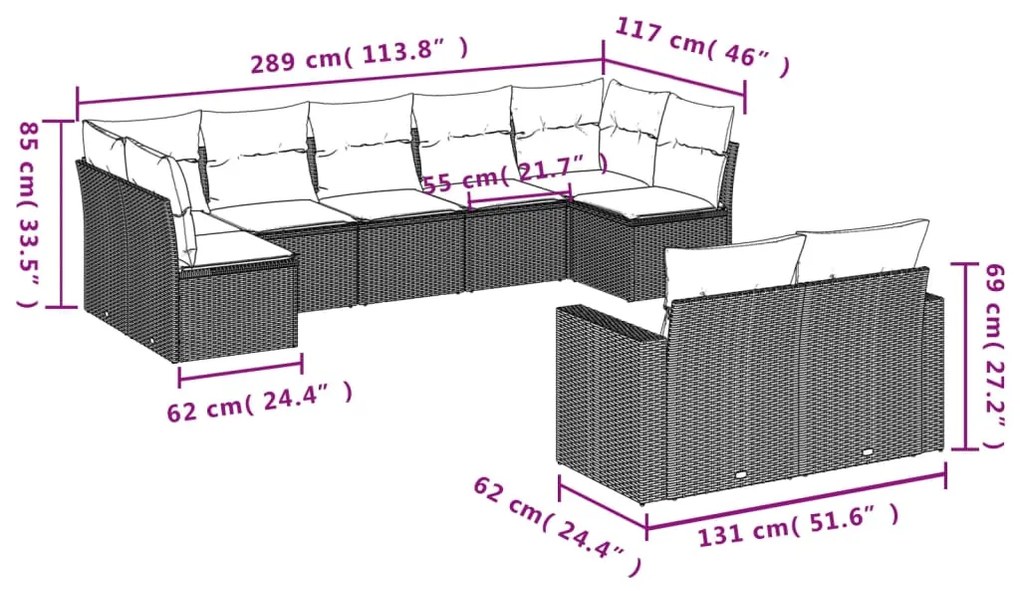 Set divano da giardino 9 pz con cuscini grigio in polyrattan