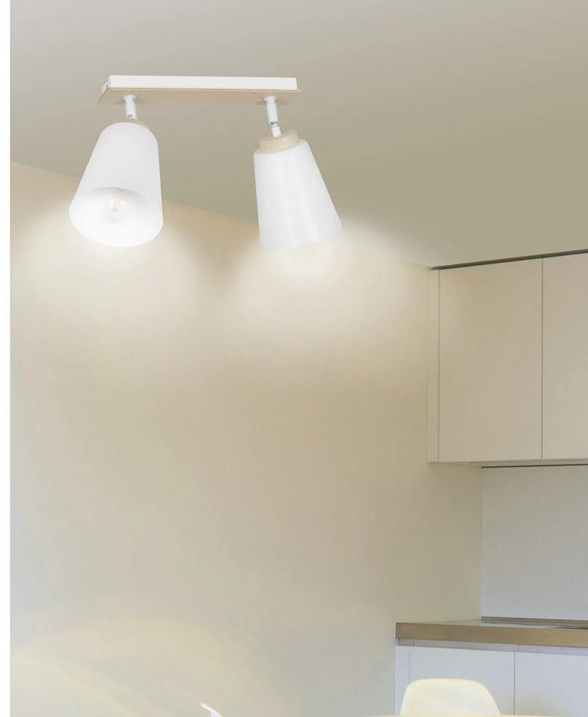 Plafoniera Spot Faretti Orientabili 2 Luci Xiwangmu Acciaio Bianco E Legno Naturale