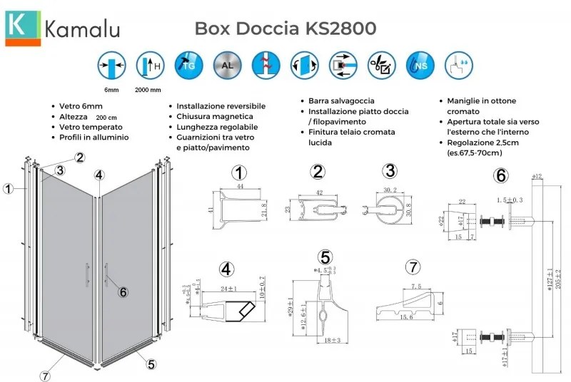 Kamalu - Box doccia angolare 75x85 due ante battenti finitura cromo | KS2800