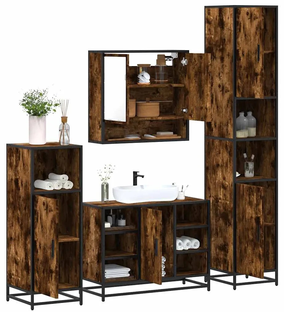 Set Mobili Da Bagno 4 Pz Rovere Fumo İn Legno Multistrato /