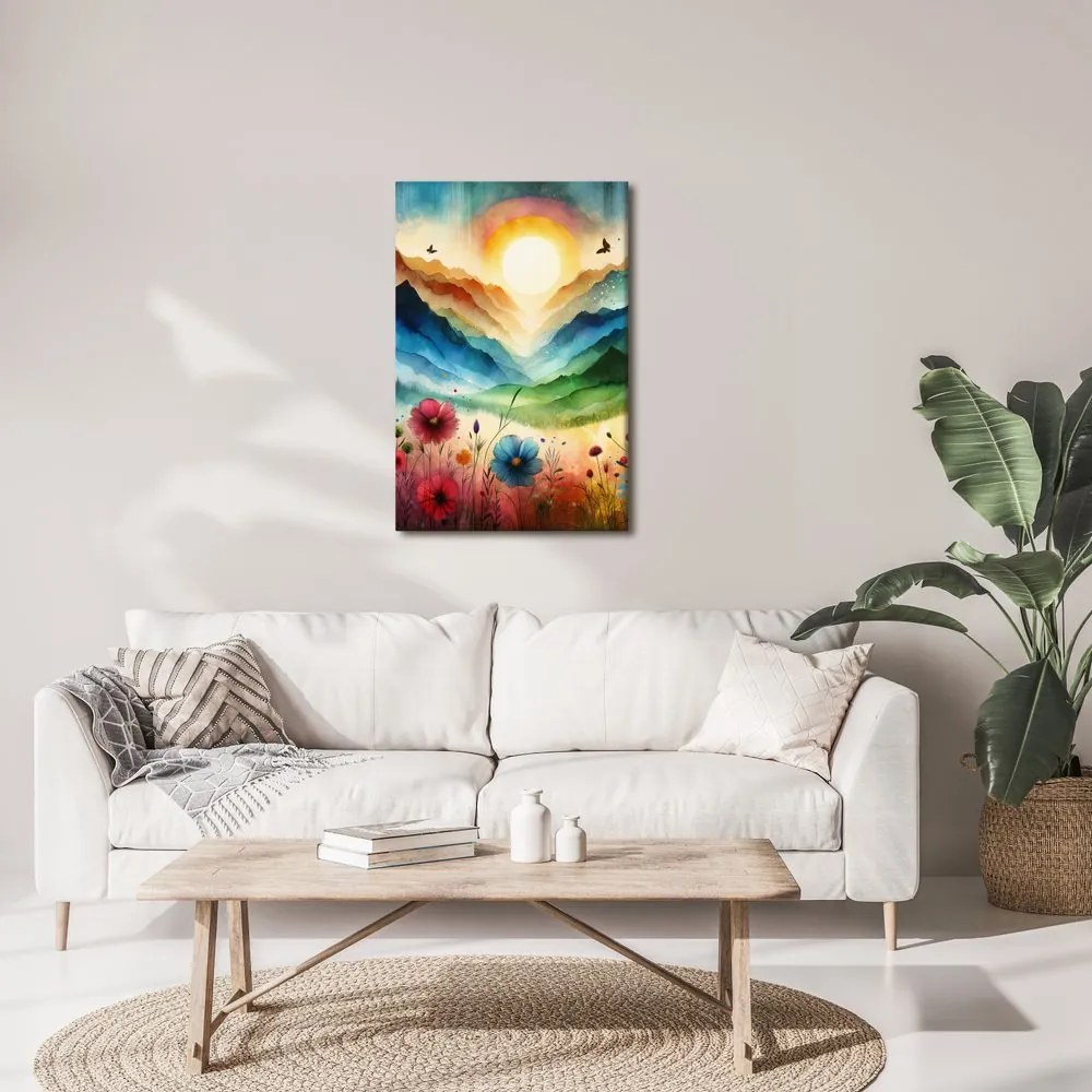 Quadro su tela – Paesaggio fiabesco con fiori e sole