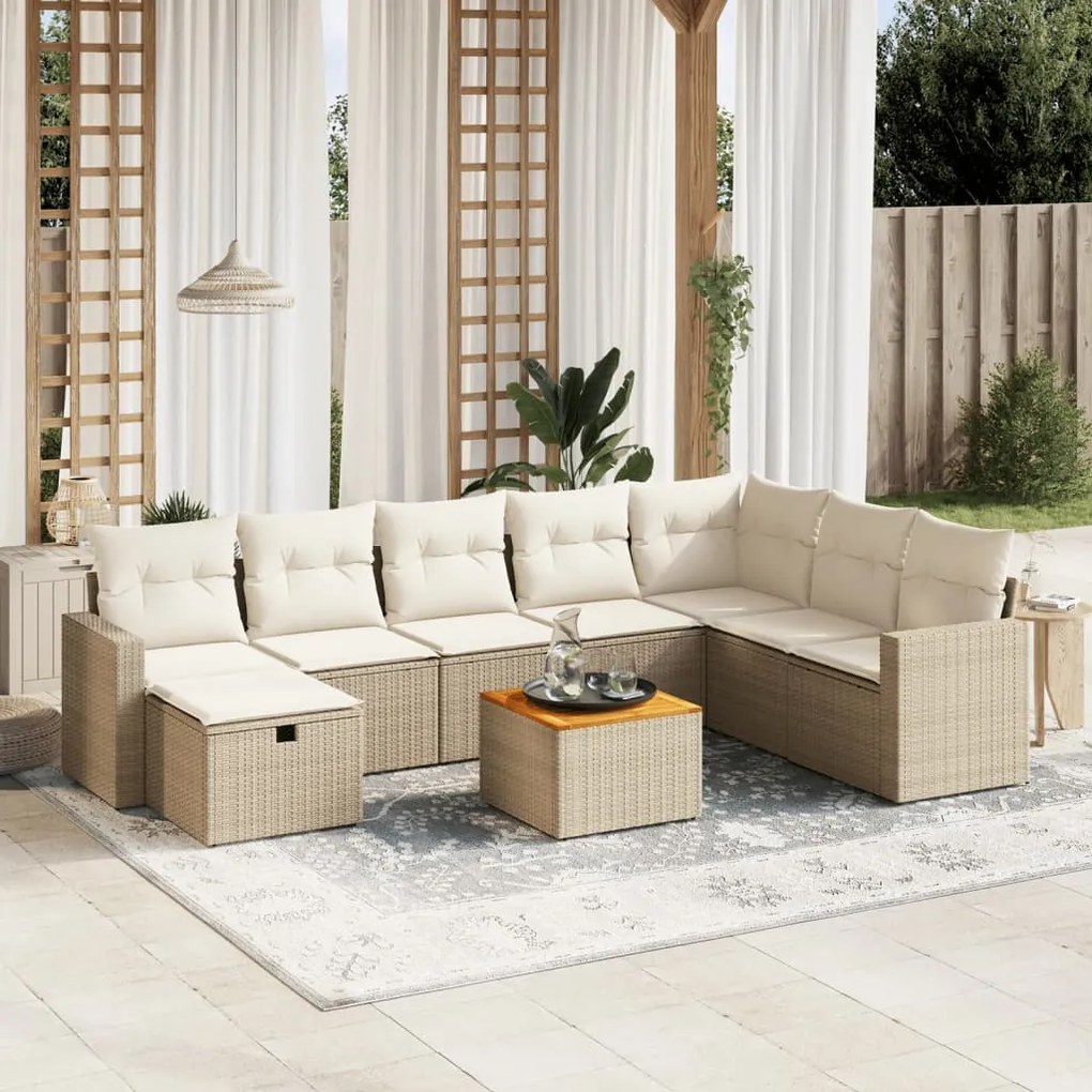 Set divano da giardino 9 pz con cuscini beige in polyrattan