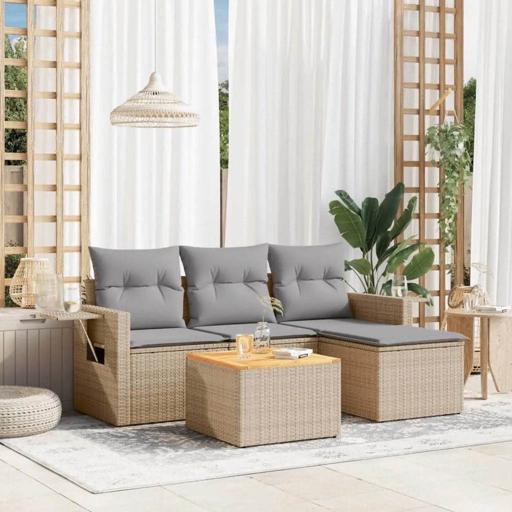 Set divano da giardino 5 pz con cuscini beige in polyrattan