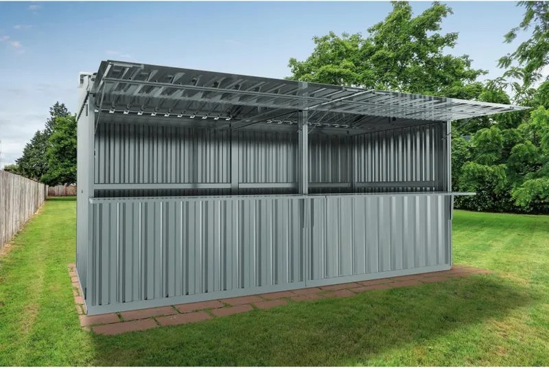 Chiosco in acciaio 2.7 x 5.2 m, superficie esterna 14.41 m² e spessore parete 40 mm, porta a due ante, SAPIL Daikiri+