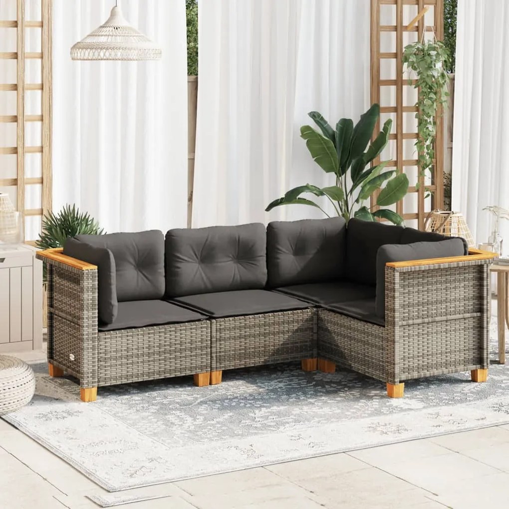 Set divani da giardino 4 pz con cuscini in polyrattan grigio