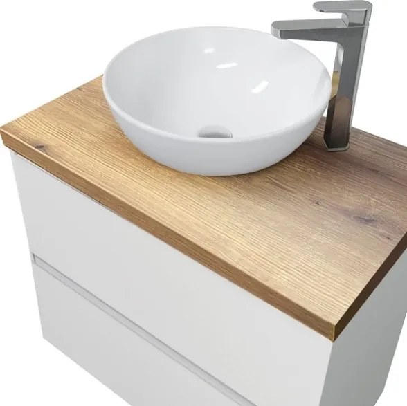 Mobile Bagno Sospeso 80 Cm Con Lavabo E Specchio Bianco Lucido Top Rovere Rio