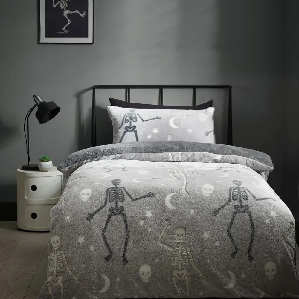 Biancheria da letto per bambini con effetto fosforescente grigia in micropile per letto matrimoniale 200x200 cm Halloween Skeleton – Catherine Lansfield