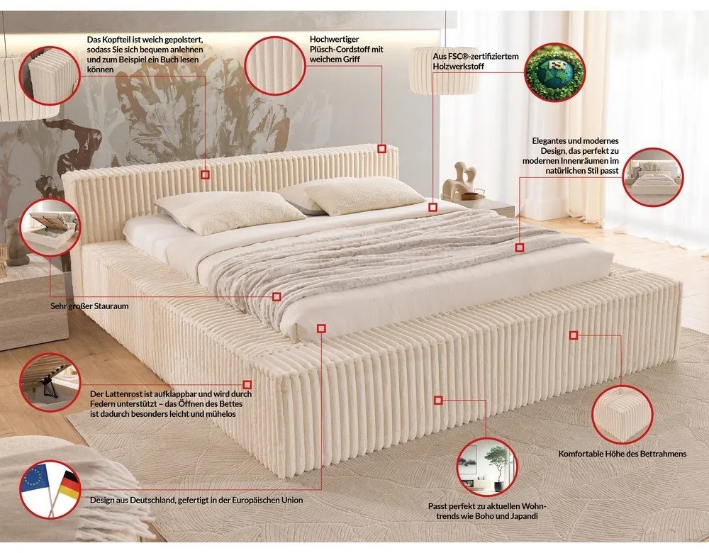 Letto matrimoniale imbottito beige con contenitore e rete inclusi 180x200 cm Cloe – Ropez