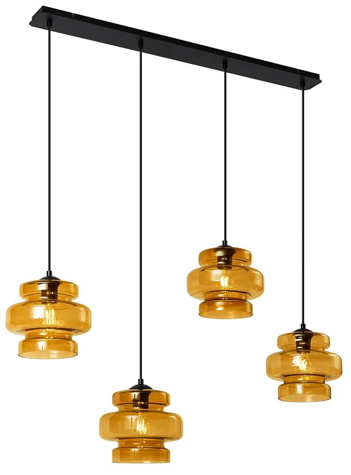 Lampada a sospensione retrò nera con vetro arancione 4 luci - Denise