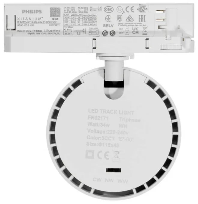 Faro LED 34W, Trifase, Regolabile 15°-60° Bianco con driver Philips Colore Bianco Variabile CCT