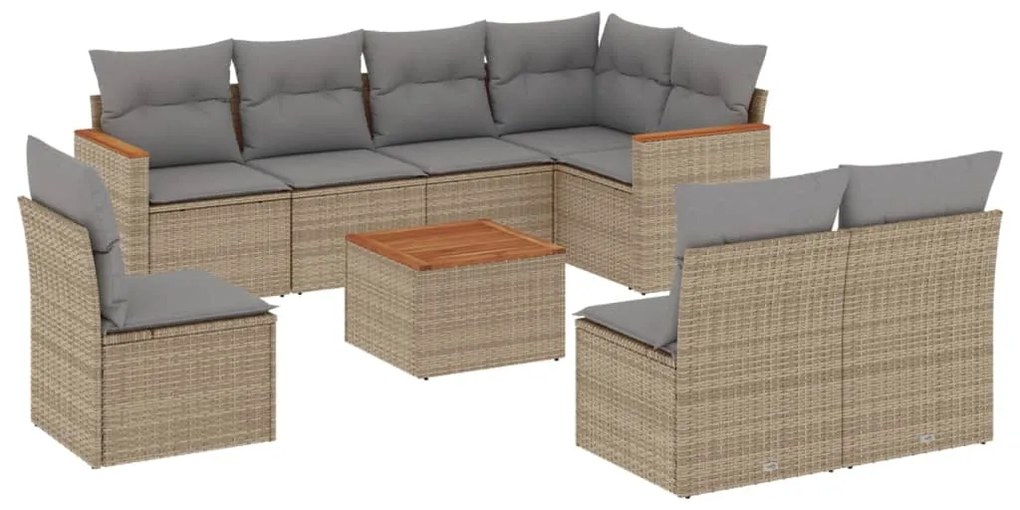 Set divano da giardino 9 pz con cuscini beige in polyrattan