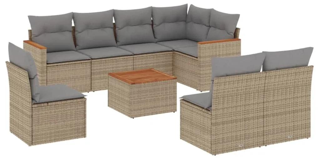 Set divano da giardino 9 pz con cuscini beige in polyrattan