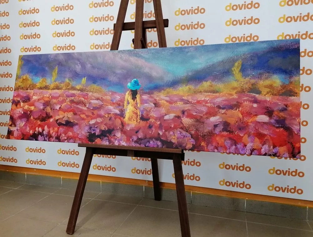Quadro su tela – Ragazza in abito giallo in un campo di lavanda
