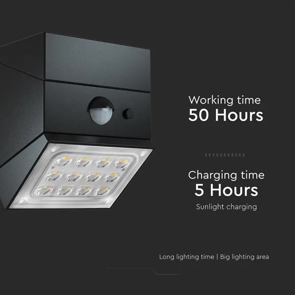 Lampada solare da parete a LED con sensore, 2,5 W / 3,7 V, IP65, 1200 mAh, nera