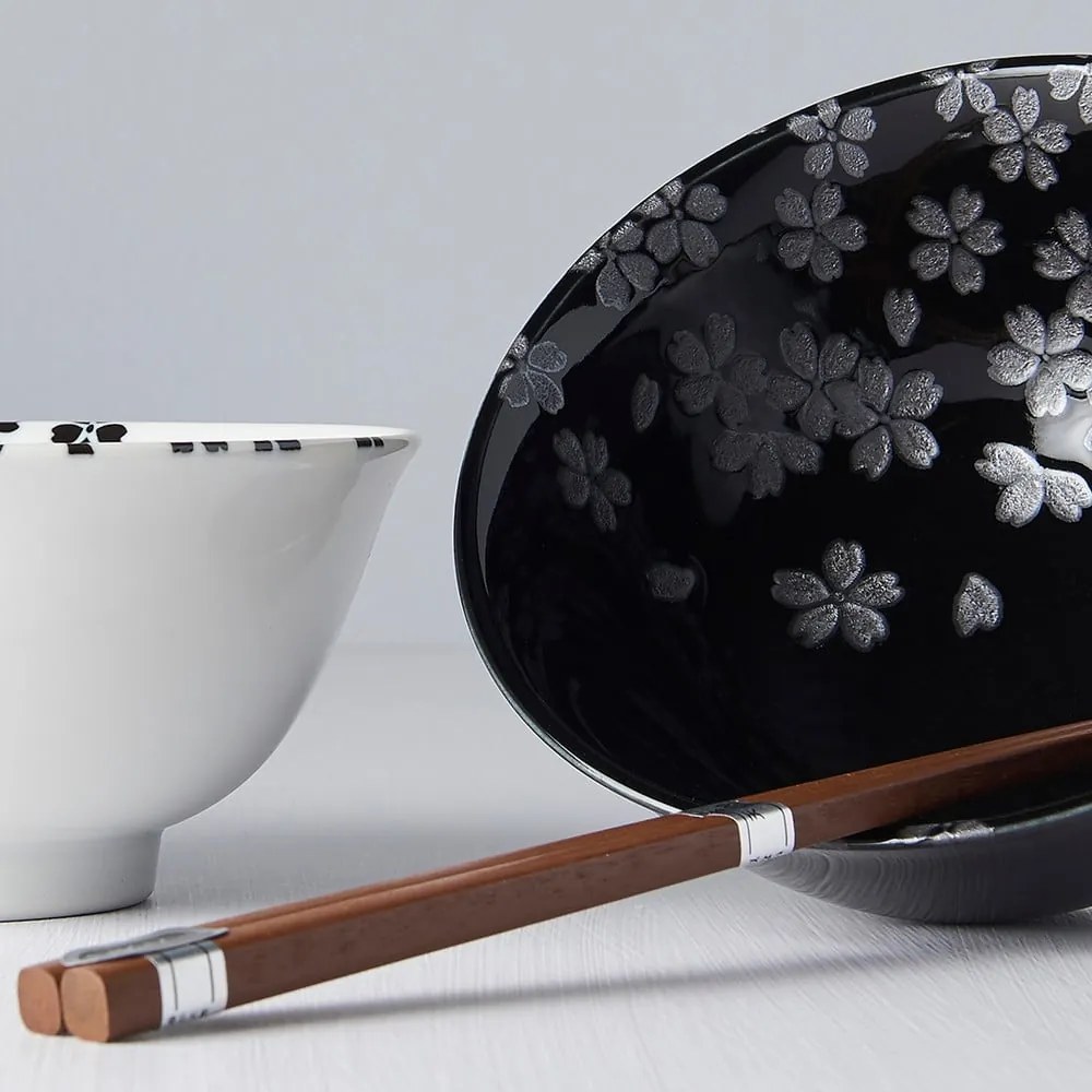 Set di 2 ciotole e bacchette in ceramica bianca e nera Sakura - MIJ