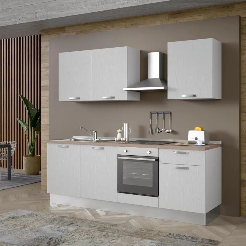 Cucina montata Dora bianco spatolato, lavello a sinistra, L 240 cm, completa di: cappa a camino, piano cottura a induzione, forno