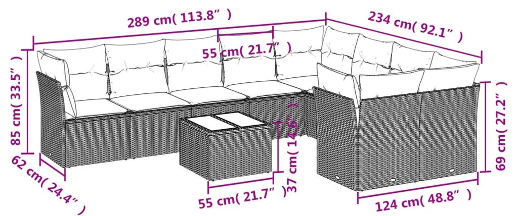 Set divani da giardino 10pz con cuscini in polyrattan nero