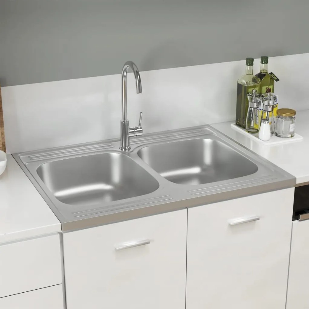 Lavello Cucina Doppia Vasca 800x600x155 Mm Argento Acciaio Inox /