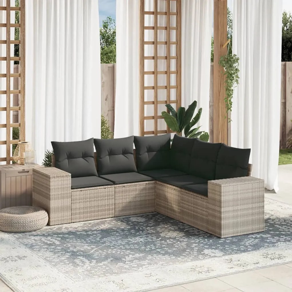 Set divano da giardino 5pz con cuscini grigio chiaro polyrattan