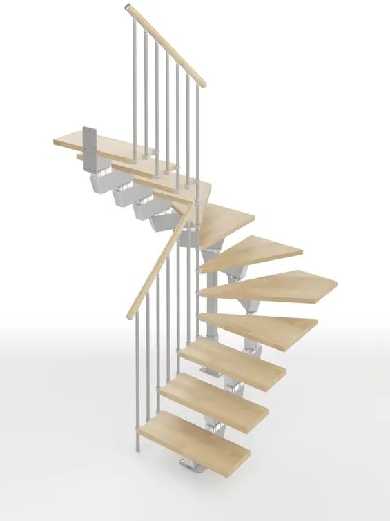 Scala a rampa 2/4 di giro Vida IRIS, larghezza 60 cm, struttura in acciaio grigio argento, gradini in legno faggio, colore faggio