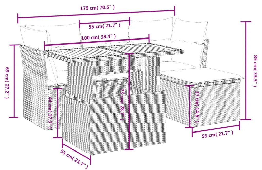 Set divano da giardino 6 pz con cuscini beige in polyrattan