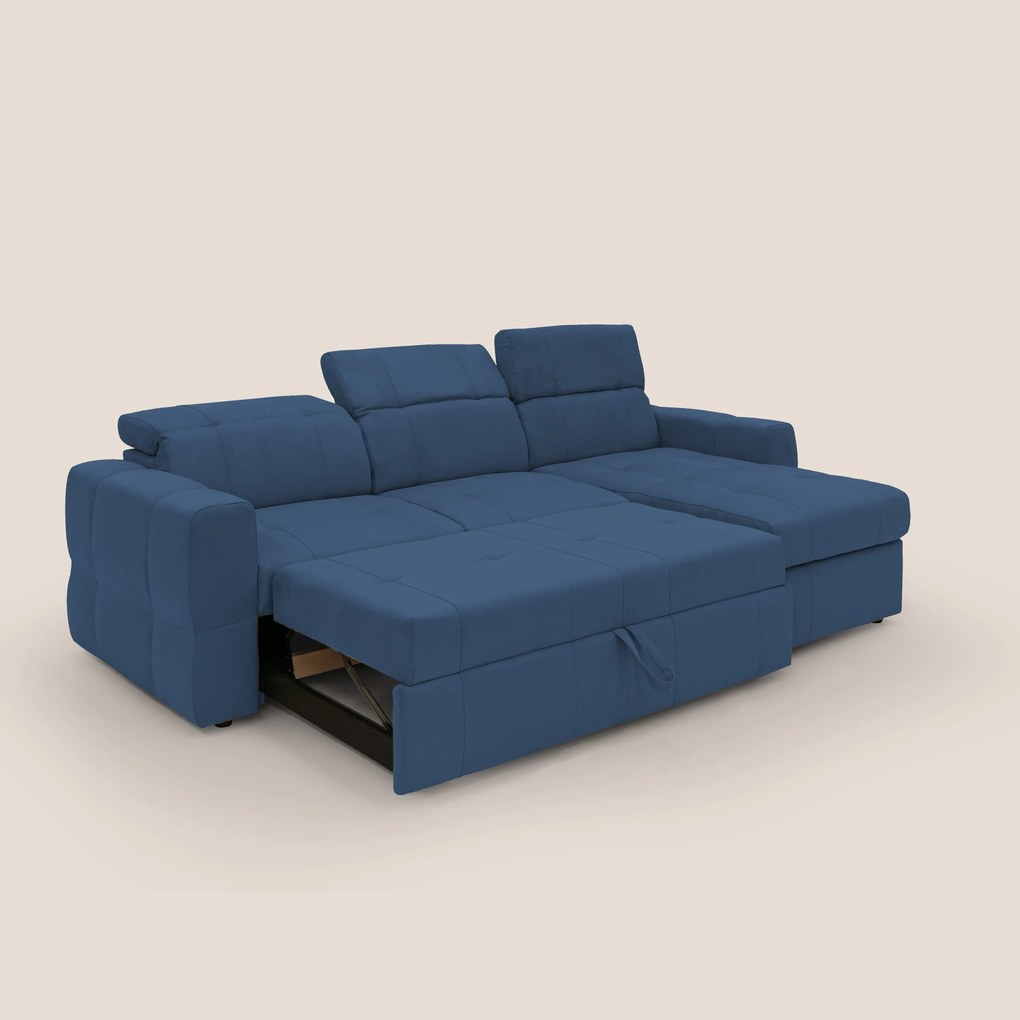 Kronos Divano angolare con pouf estraibile e penisola contenitore in microfibra impermeabile T11 blu