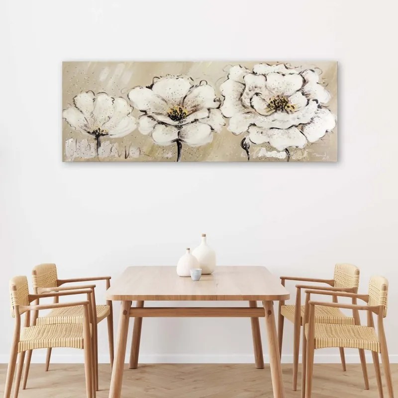 Quadro su tela, Fiori beige dipinti  Dimensioni 150x50