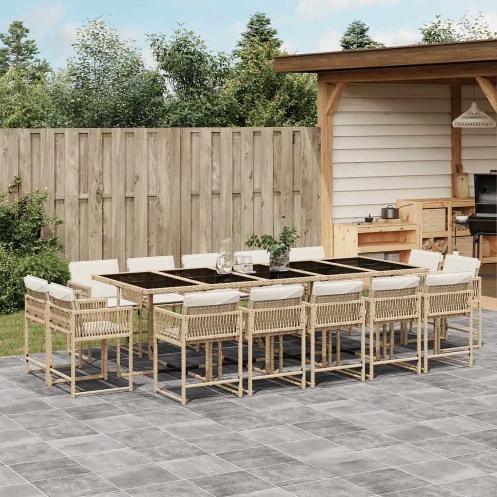 Set da pranzo da giardino 15 pz con cuscini beige in polyrattan