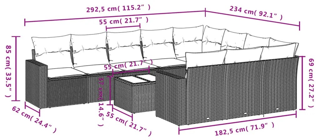 Set divani da giardino 11 pz con cuscini in polyrattan nero