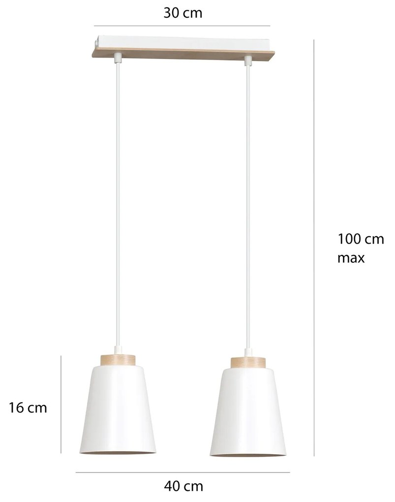 Lampadario 2 Luci Bolero Con Paralumi A Cono In Acciaio Bianco E Legno Naturale