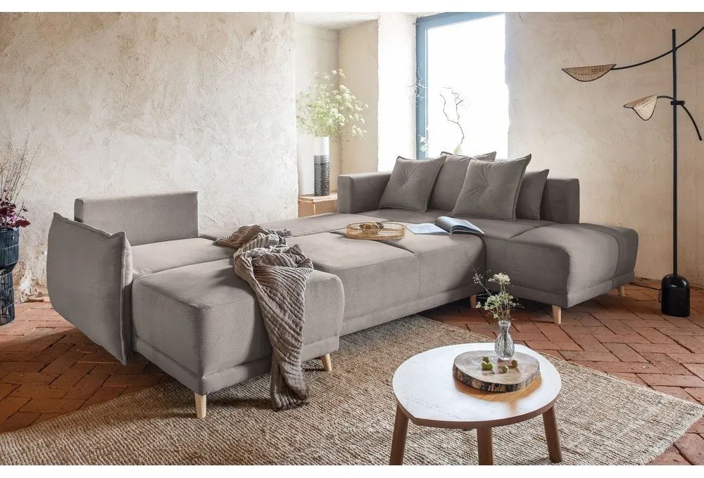 Divano letto angolare in velluto a coste marrone chiaro (angolo destro a forma di U) Lazy Lukka - Miuform