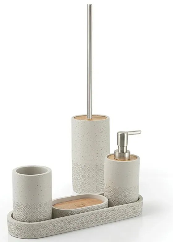 Portaspazzolini bagno grigio in cemento e bamboo serie Gedy Afrodite
