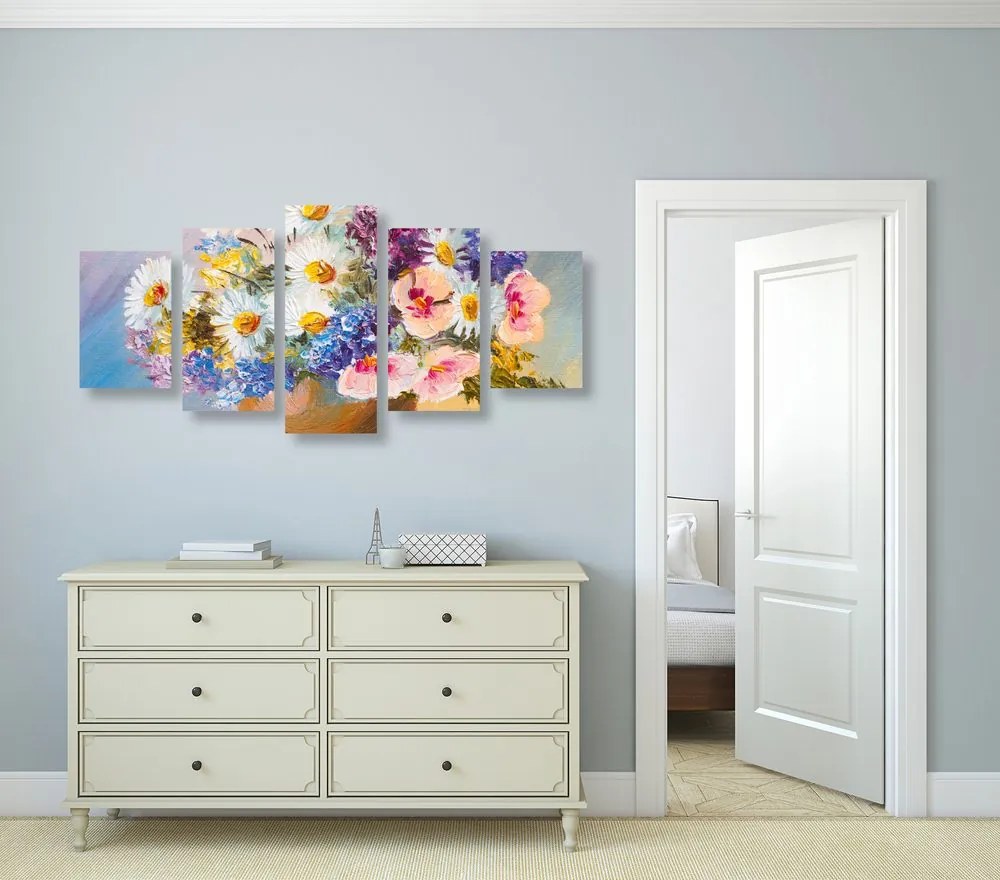 Quadri 5 pezzi – Pittura a olio di fiori estivi