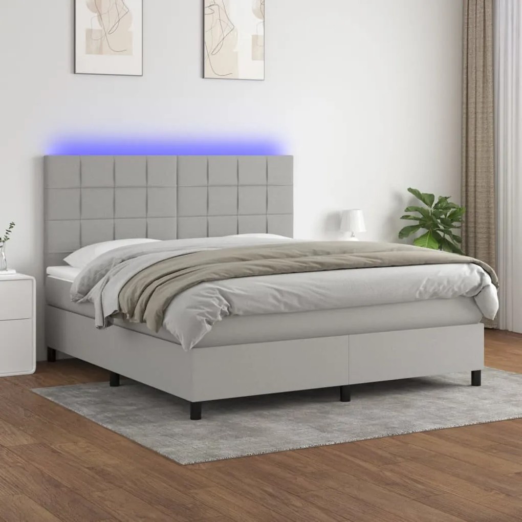 Letto a molle materasso e led grigio chiaro 180x200 cm tessuto