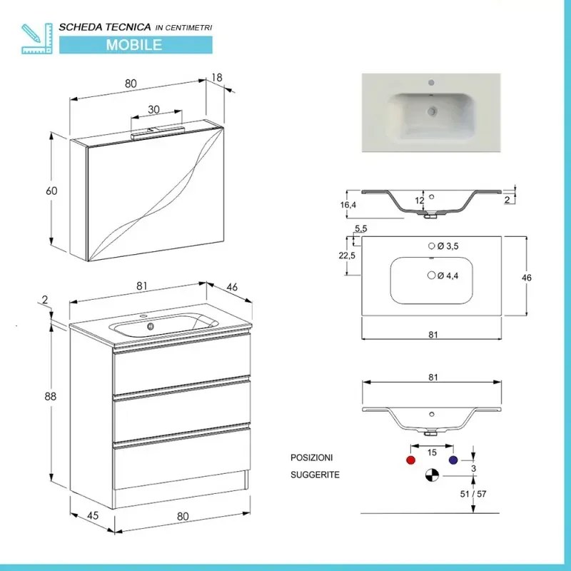 Mobile bagno a terra 80 cm Master grigio con lavabo e specchio contenitore