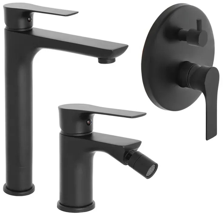 Set miscelatori lavabo alto bidet e doccia con deviatore Flat nero opaco