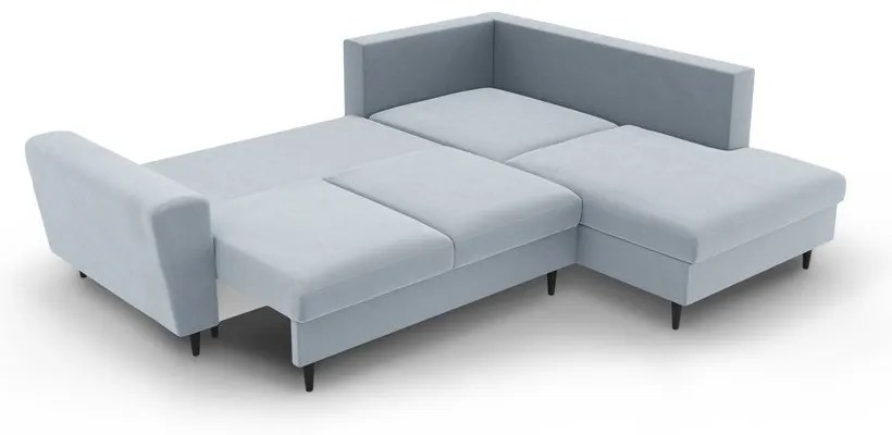 Divano angolare azzurro allungabile e con contenitore (con penisola a destra/a L) con rivestimento in velluto Kyoto – Cosmopolitan Design