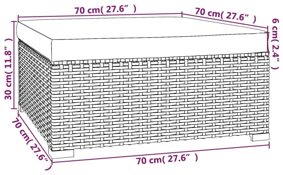 Poggiapiedi giardino con cuscino grigio 70x70x30 cm polyrattan