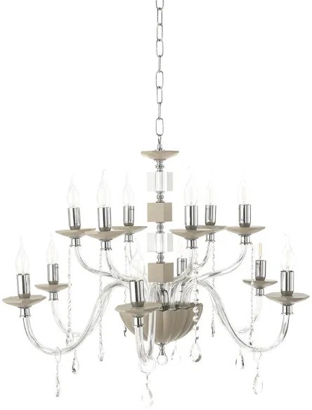 Lampadario sospeso LIVIA D85 cm in vetro e cristallo Tortora 12 luci