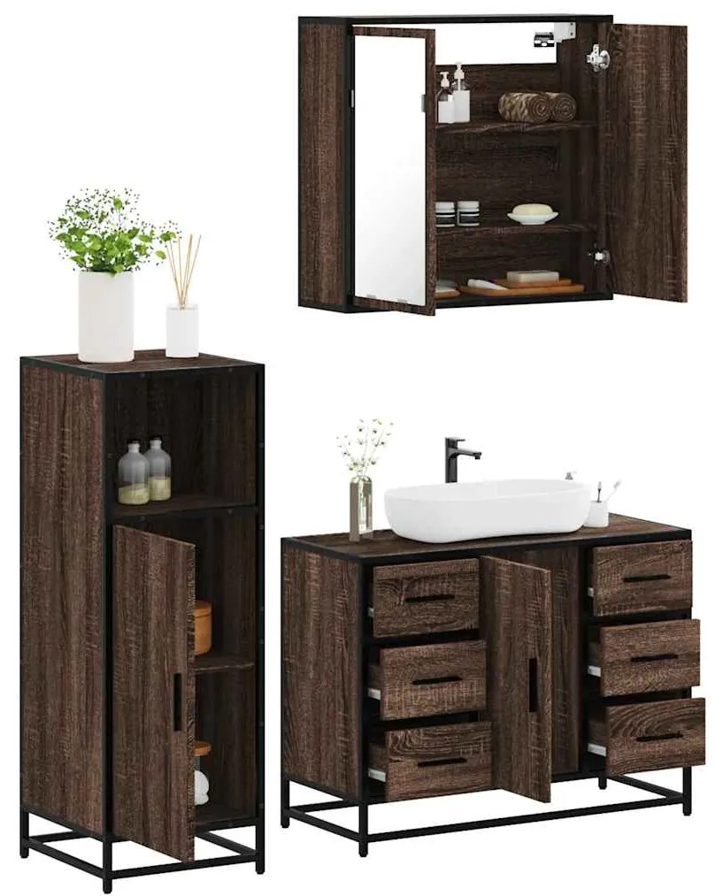 Set Mobili Da Bagno 3 Pz Rovere Marrone İn Legno Multistrato /