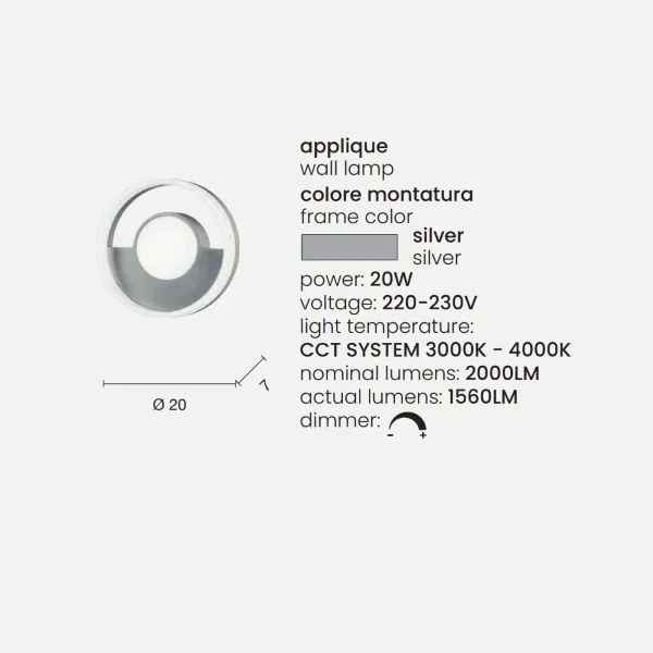 Applique in metallo Argento D20 cm con diffusore perimetrale Led ELISA