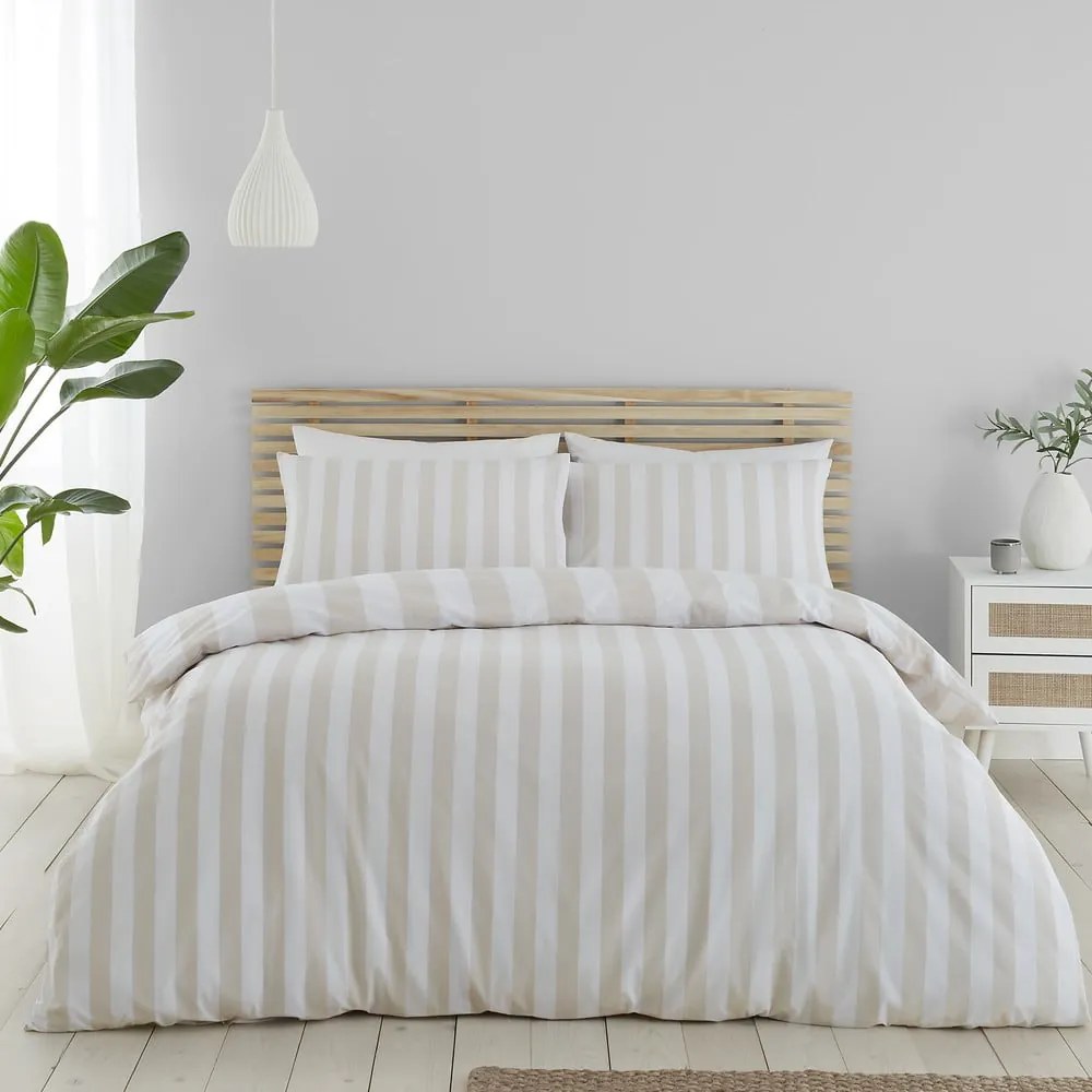 Biancheria da letto beige e bianca per letto matrimoniale 200x200 cm Cove Stripe - Catherine Lansfield