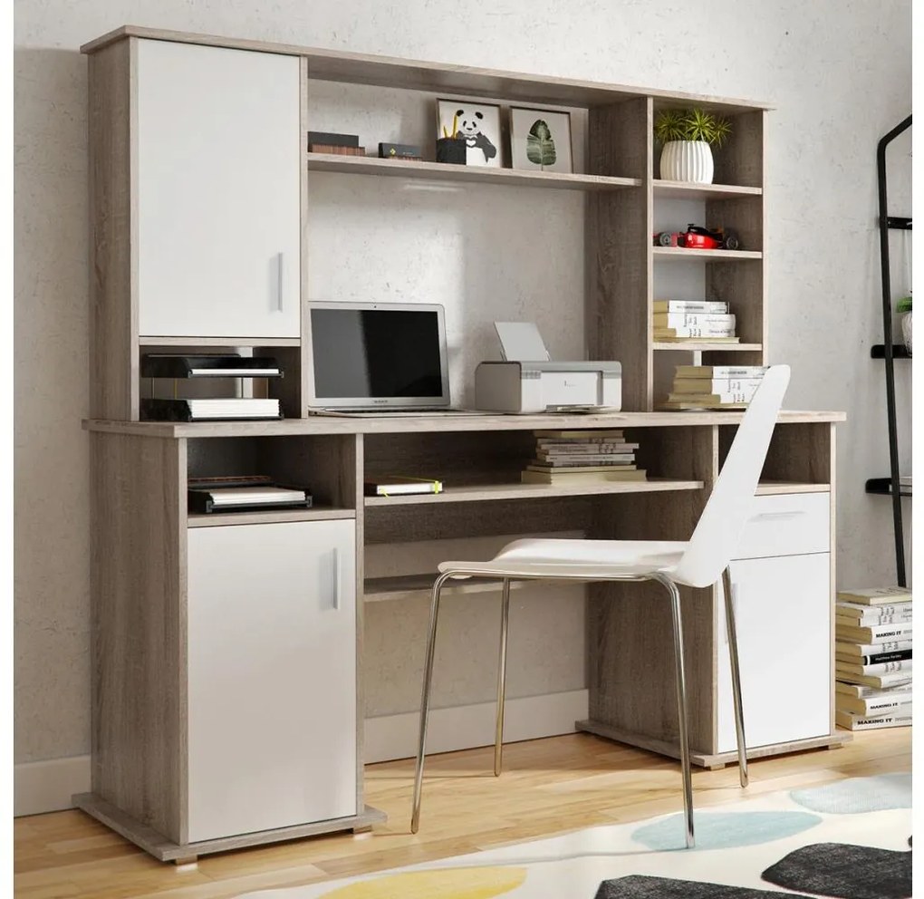 Scrivania con mensola ELIAN, rovere sonoma, grigio/bianco