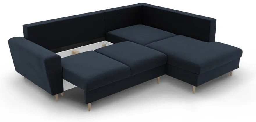 Divano angolare blu scuro allungabile e con contenitore (con penisola a destra/a L) con rivestimento in velluto Kyoto – Cosmopolitan Design