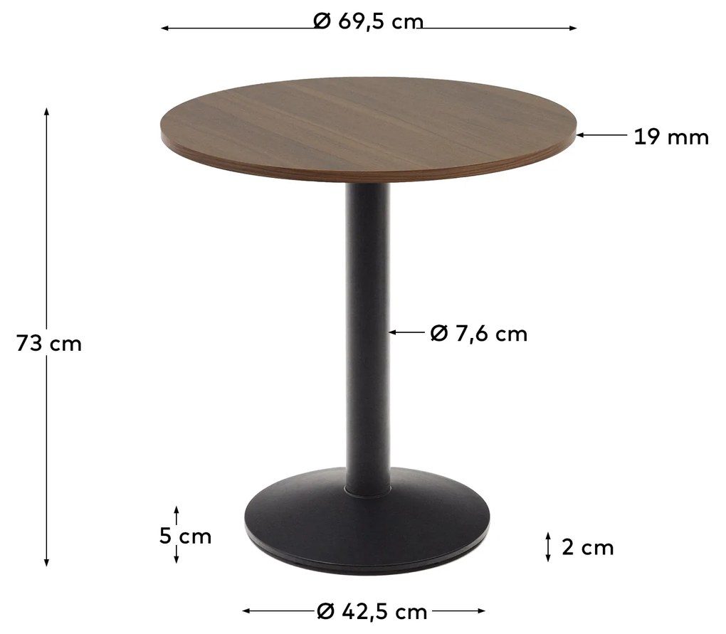 Kave Home - Tavolo rotondo Esilda melammina rifinito noce con gamba di metallo rifinita in nero Ã˜70x70