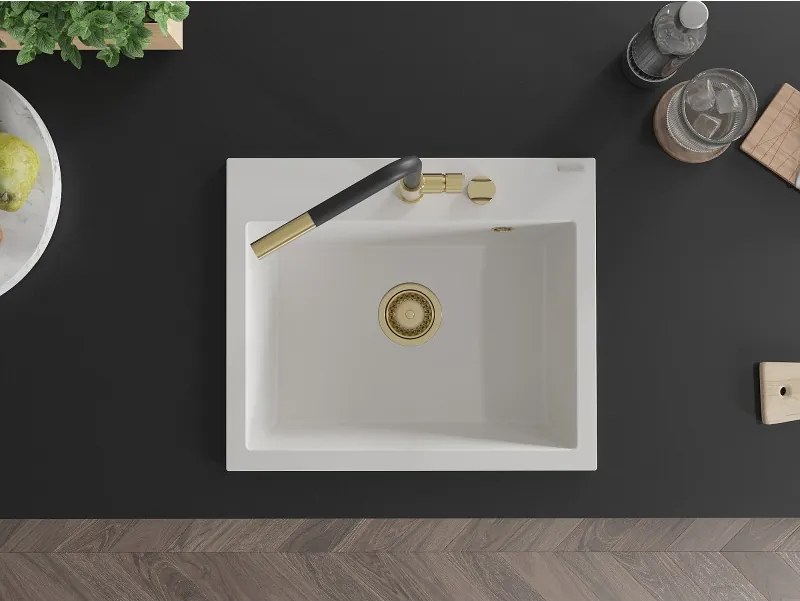 Mexen Oscar lavello in granito 1-vasca 580 x 490 mm, bianco, sifone dorato - 6519581000-20-G
