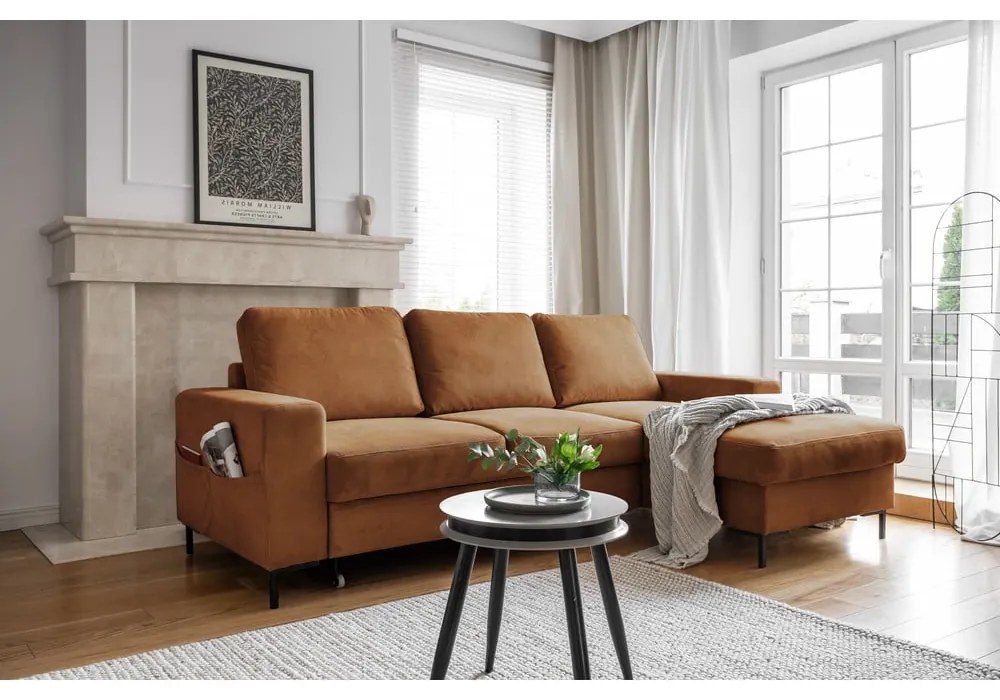 Divano letto in velluto a coste arancio-marrone (angolo destro) Lofty Lilly - Miuform