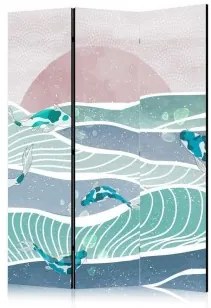 Paravento - Picturesque Landscape With Fish - Sunset And Koi Fish in Shades of Turquoise And Blue Floating Above The Wat Bilaterale 135x172