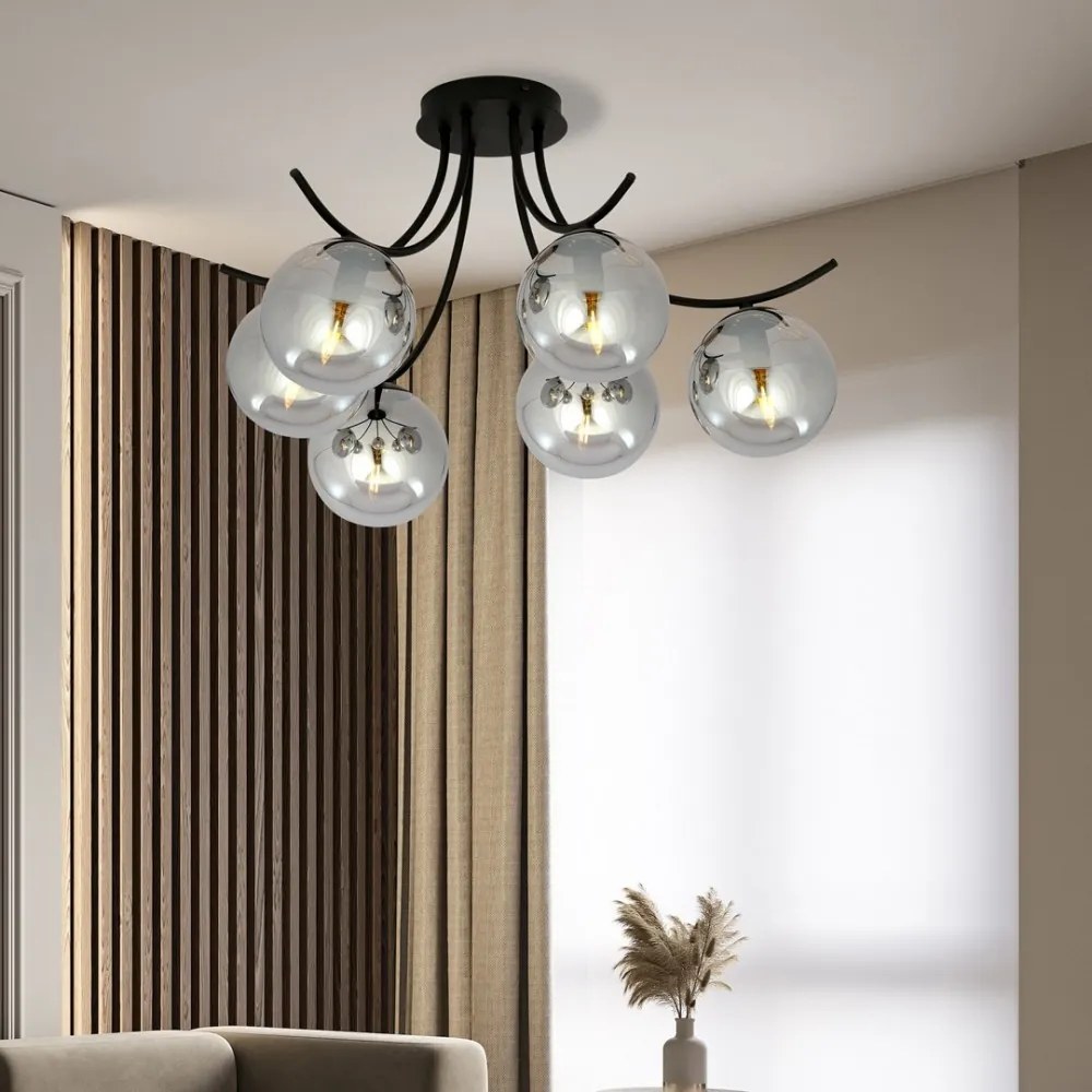 Lampadario da Soffitto in Acciaio e Vetro BOSTON 6 Nero 6xE14 Colore delle Sfere Grafite